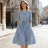 Women Cotton Linen Dress Short Sleeve V Neck Buttons Tie Waist Midi Dress Summer Casual Boho A-Line Flowy Dress