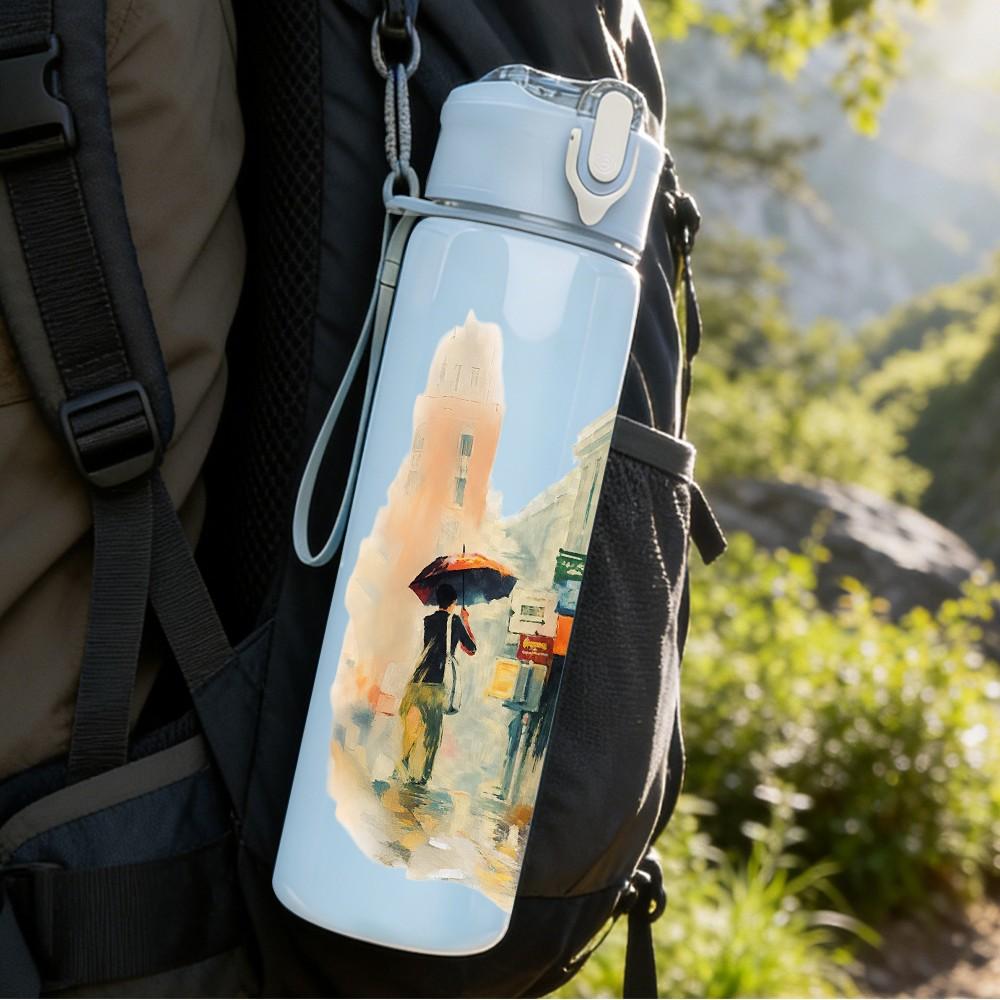 1PC Vintage House Building Art Print 750ml Color Plastic Sports Water Bottle Leakproof Flip Straw Lid Suitable for Sports Office Home Use