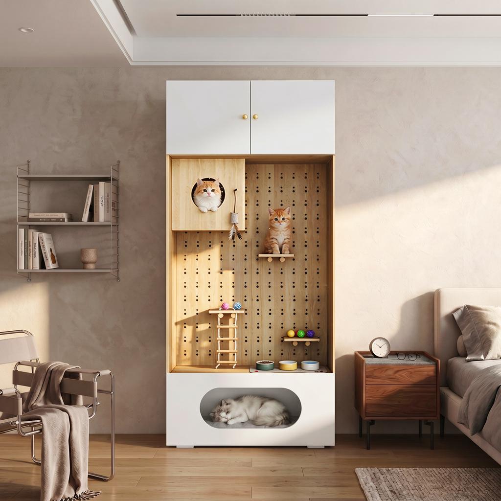 Armoire pour animaux de compagnie avec mur d'escalade pour chat, grotte pour chat, zones de repos et coussin doux, 90 x 50 x 202 cm, avec espace de rangement, Blanc + Aspect Bois