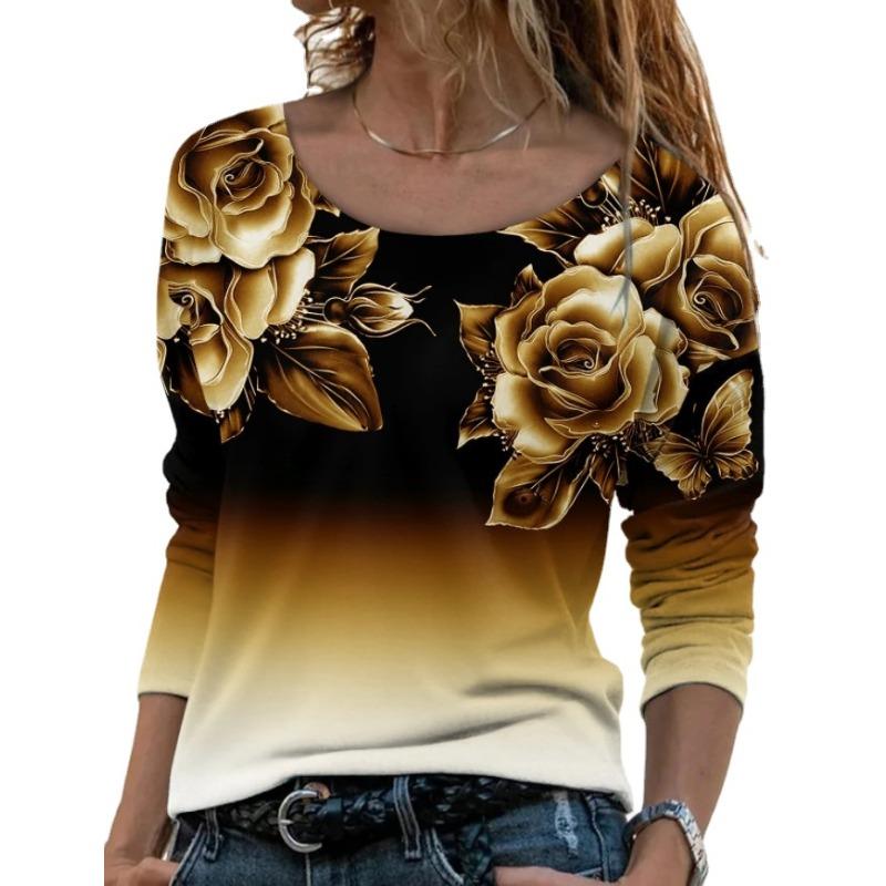 TIFICY Women's Fashion Casual Spring Autumn Flower Pattern Print Long Sleeve O-Neck Blouses & Shirts