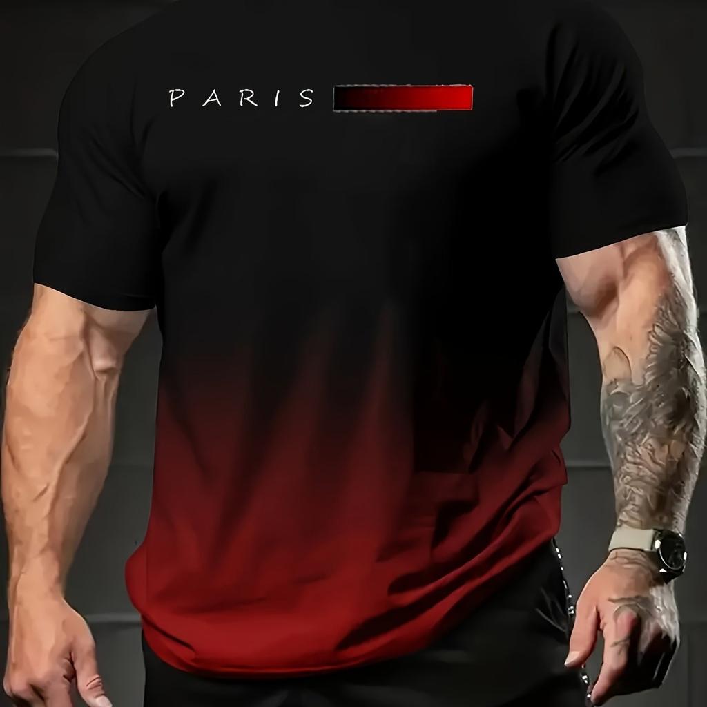 Summer Men's Gradient Paris Letter 3D Printed T-shirts Gradual Change Color Round Collar Short Sleeve Tops Tees, Outdoor Cloth