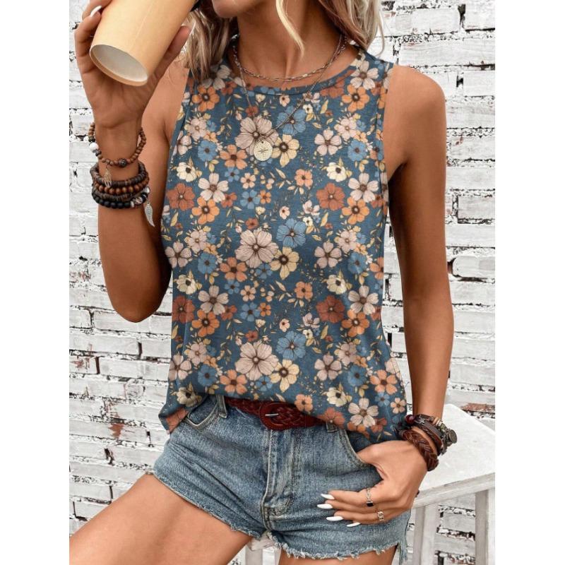 Women's Tank Top Printed Loose Casual Summer Top with A Round Neck and Sleeveless T-shirt