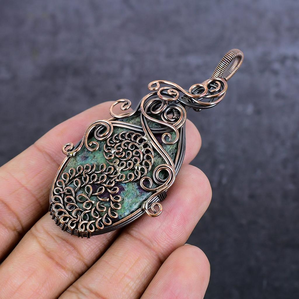 Ruby Fuchsite Gemstone Handmade Copper Wire Wrap Jewelry Pendant 3.15" r8S45