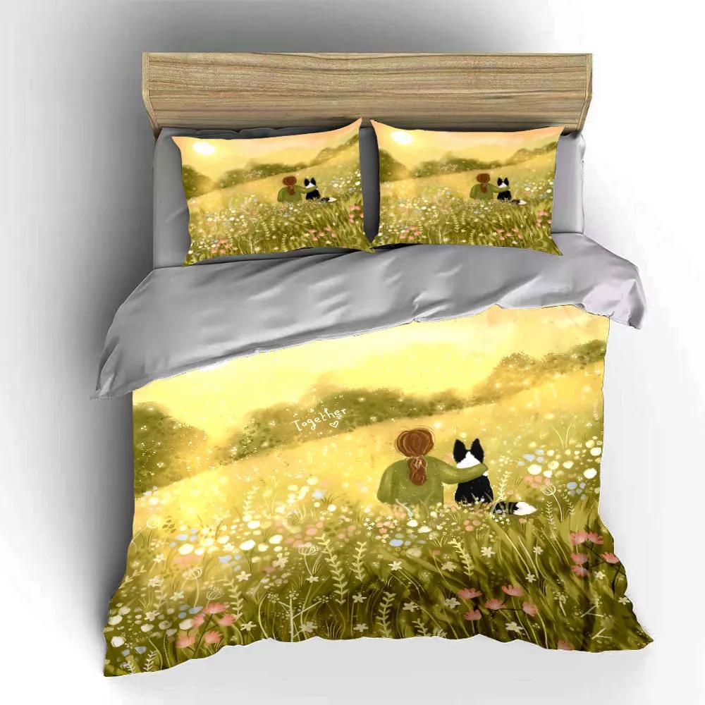 3Pcs Warm Sunlight Bedding Set Girl and Dog In Spring Flower Field Print Duvet Cover & 2*Pillowcases Gift