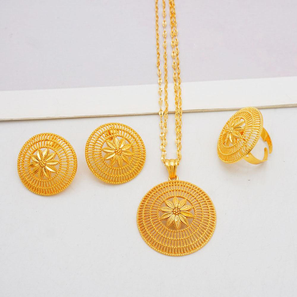 Ethiopia Dubai Gold Color Jewelry Set For Women Flower Pendant Ring Earrings 3 Piece Wedding Jewelry Accessories Jewelry