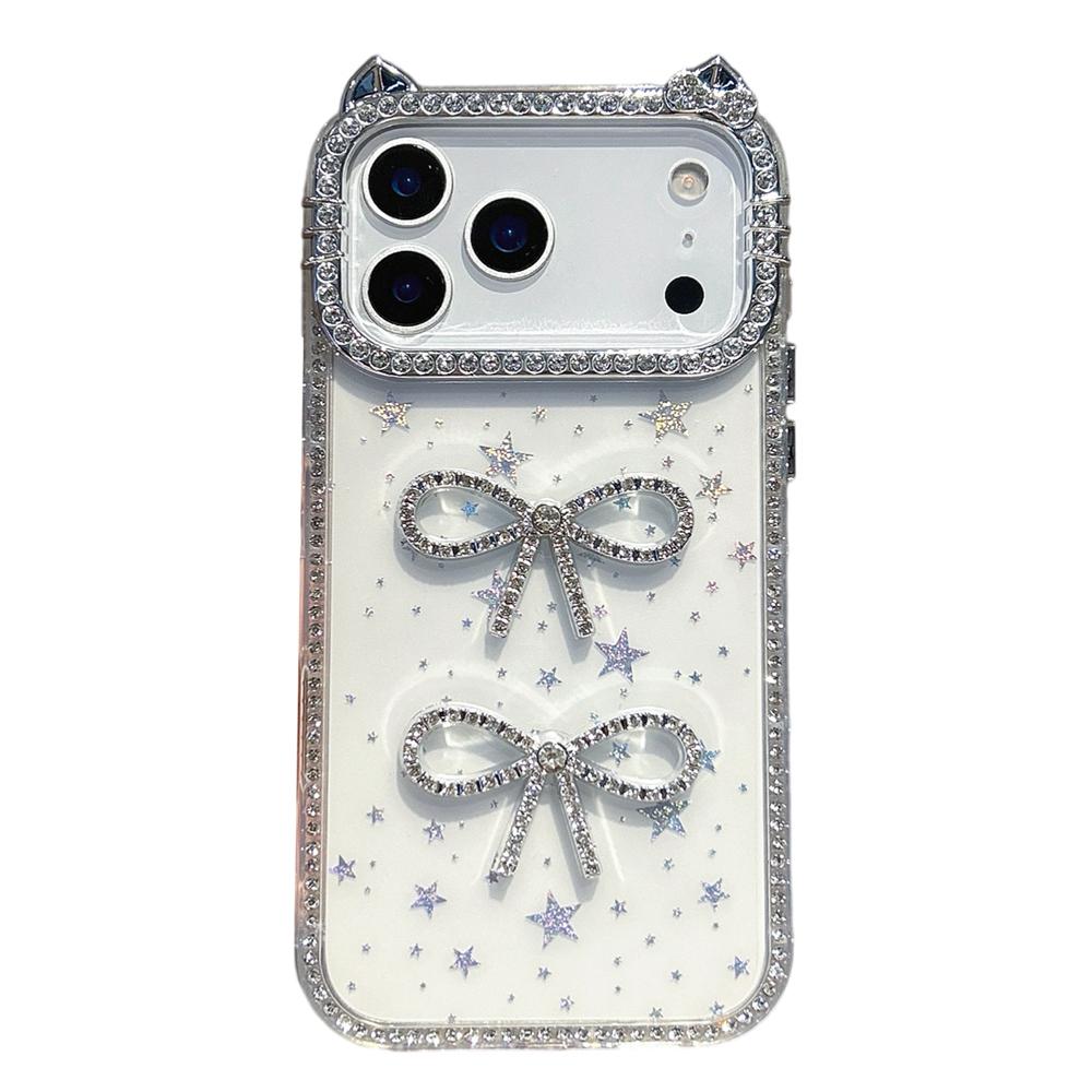 KEYSION Cute 3D Cat Ear Transparent Phone Case for iPhone 12 13 Pro Max 11 Glitter Jewelled Bowknot Shockproof Back Cover