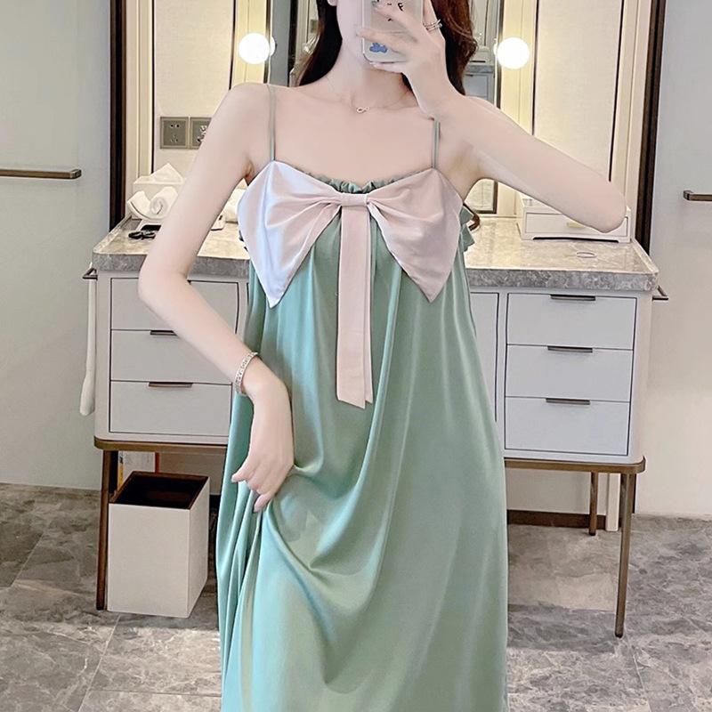 Japanese Imitation Silk Suspender Nightdress Women'S Summer Cute Bow Pink Pajamas Style Loungewear