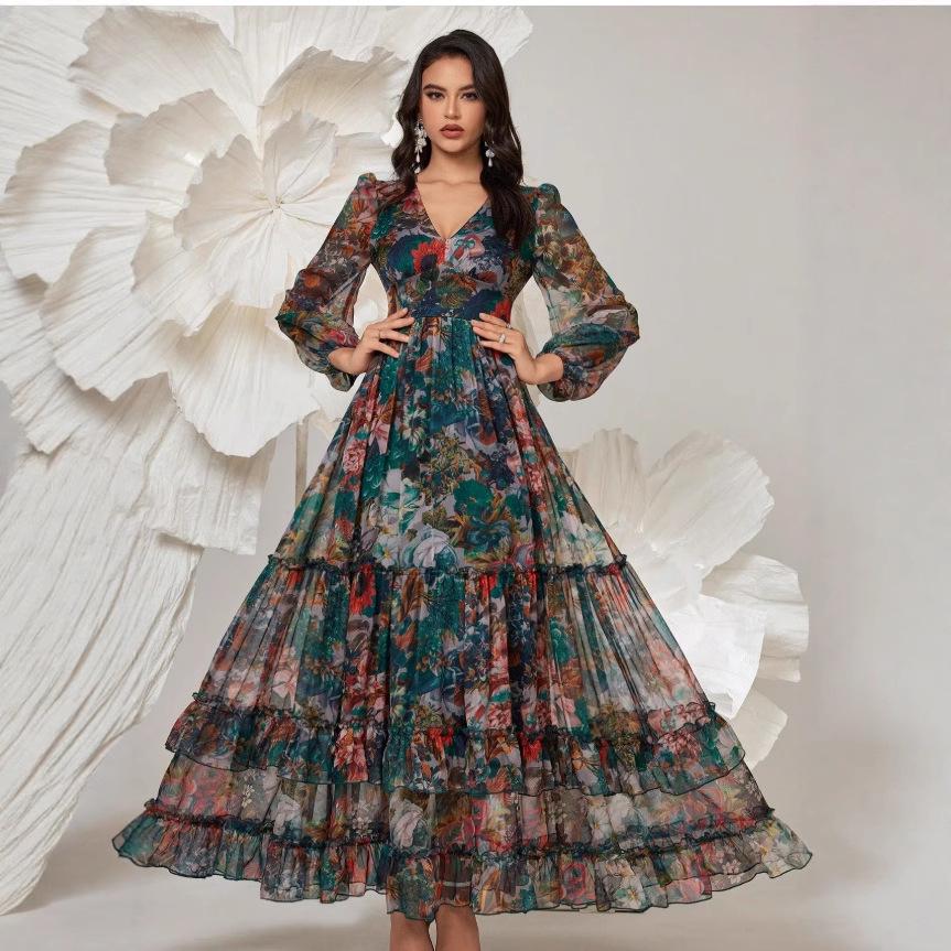 European Retro Bohemian Early Spring Stand Collar Print Long Dress