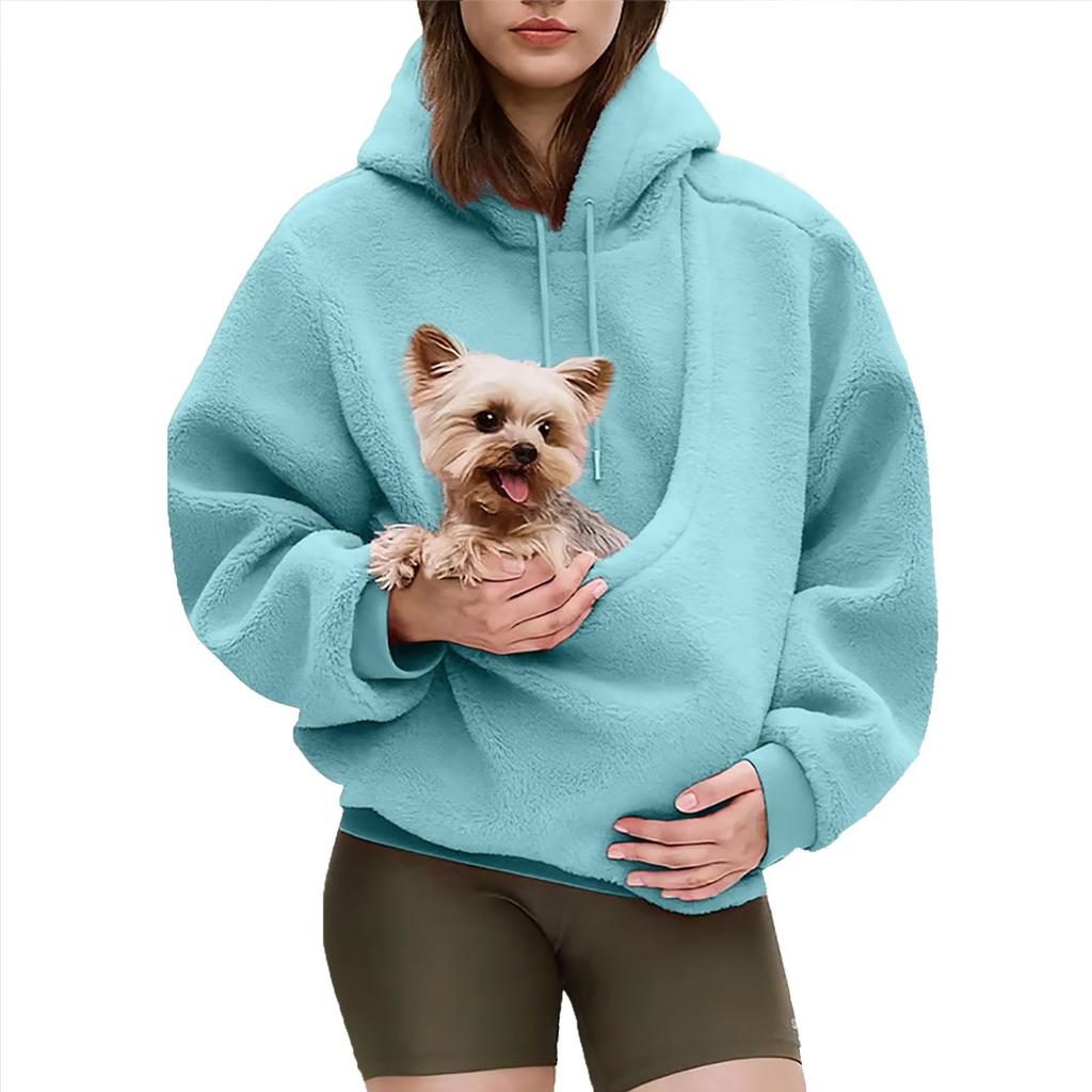 New Women's Loose Pullover Hoodie, Solid Color Fleece Pet Pocket, Fall Winter European American Crossbody Top