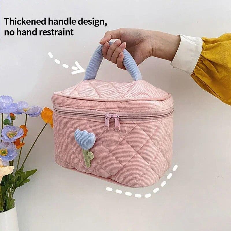 Ins Travel Cosmetic Bag Portable Tulip Makeup Pouch Corduroy Zipper Toiletry Organizer Large Capacity Storage Boxes Cases