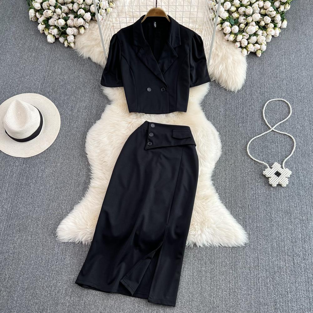 Ladies Suit Retro Lapel Loose Puff Sleeve Short Suit Jacket Two Piece High Waist Slit Skirt