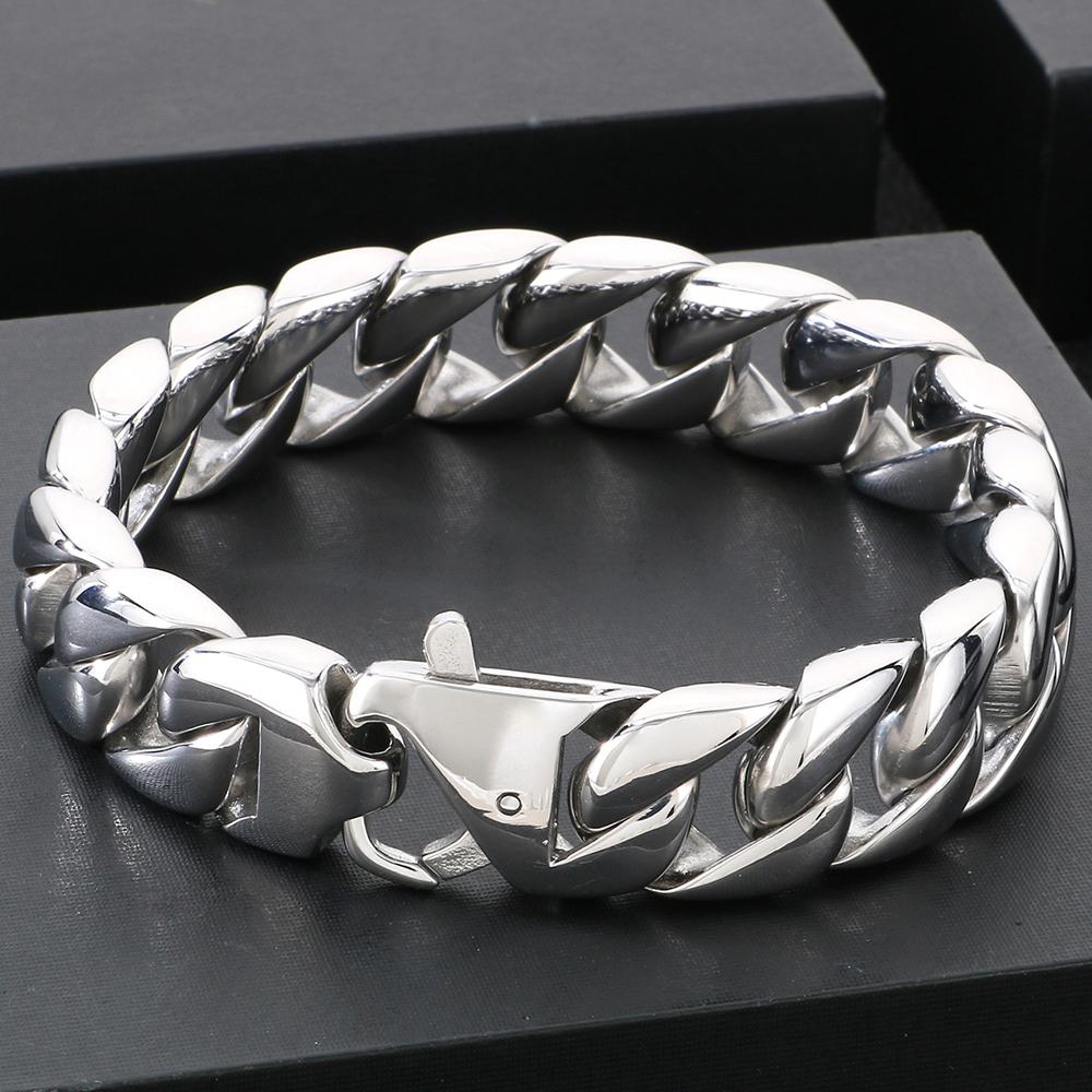 Vacuum Plated Curb Cuban Link Chain Bracelet for Man 15MM Round Polished Matte Titanium Stainless Steel Men's Bracelets Jewelry