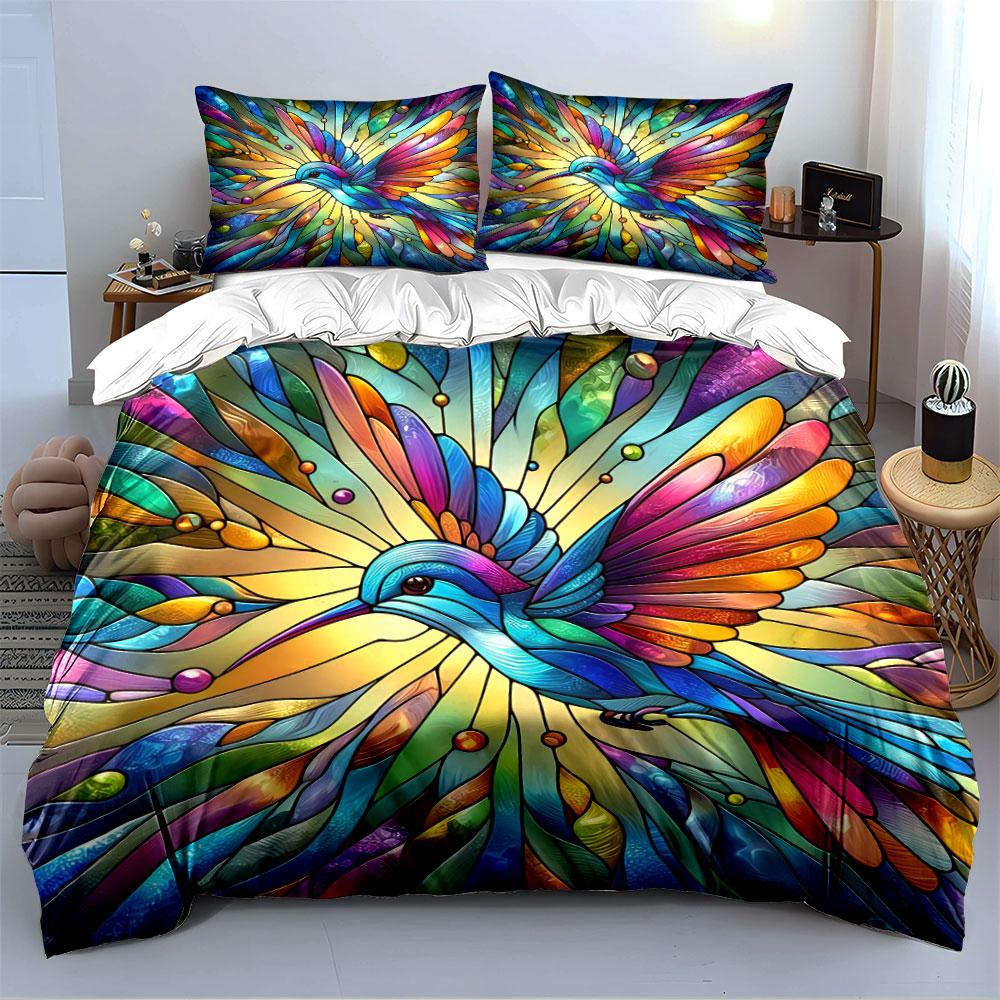Colorful Stained Glass Bird Bedding Duvet Cover Set Duvet Cover Pillowcases  (1*Duvet Cover 2*Pillowcases, Without Duvet Insert)