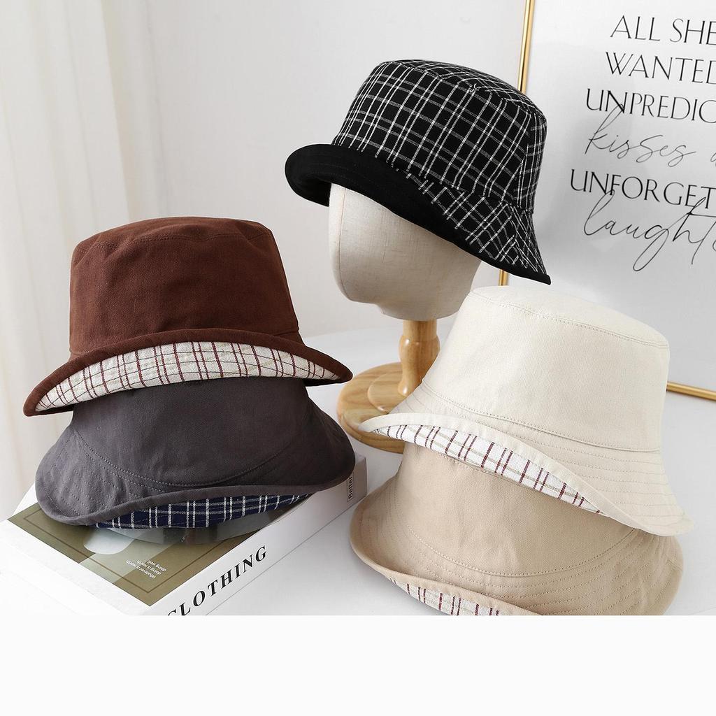 Autumn Winter Bucket Hat Women Double Sided Plaid Fisherman Cap Flat Top Foldable Sunshade Korean Style Casual Vintage