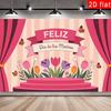 2D Rosa Bühnenhintergrund für Feliz Dia de las Madres, Gestreiftes Blumenmuster Vorhang Design Muttertag Party Banner