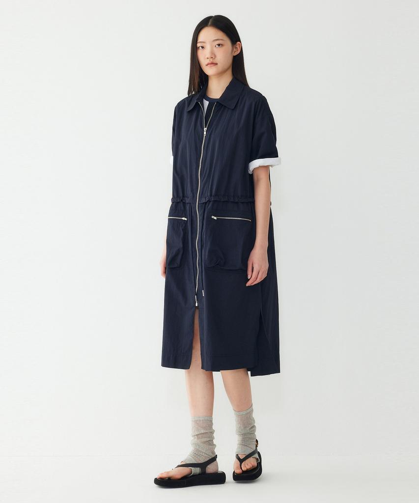 STUDIO TOMBOY Waist Drawstring Zip-Up Collared Short Sleeve Dress_Navy 91F6241785