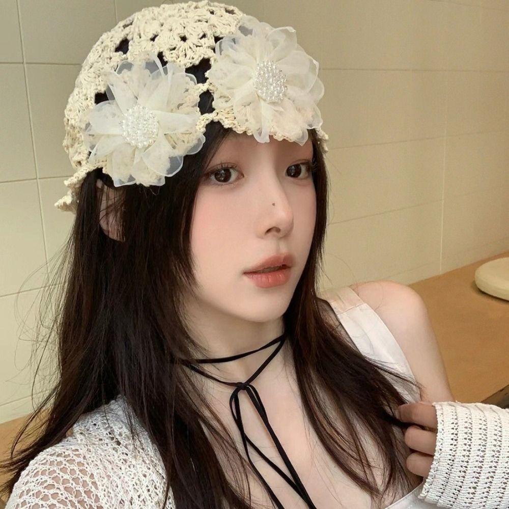 Breathable Hollowed Out Knitted Hat Flowers Lace Beret Cap Casual Summer Skullies Hat for Women