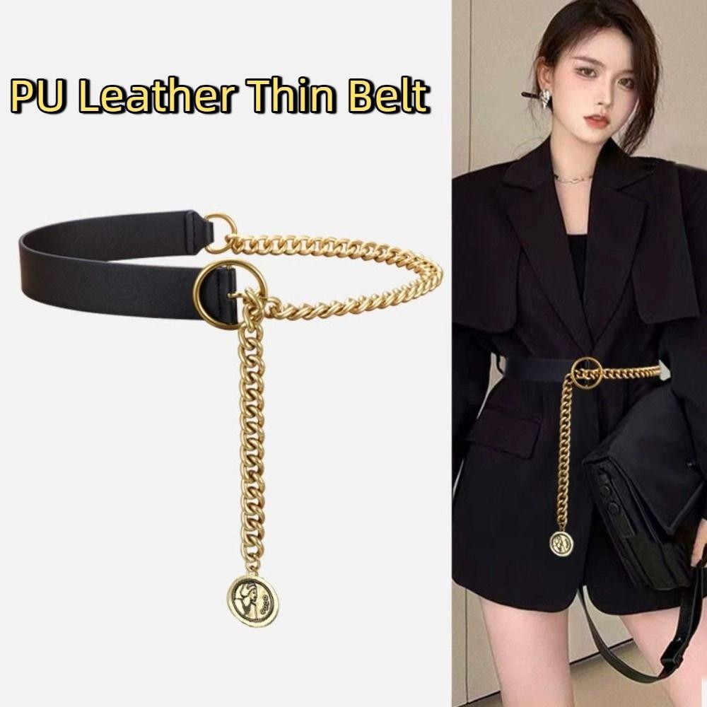 Slim Side PU Leather Belt Metal Buckle Dress Chain Personality Thin Waist Chain Ladies