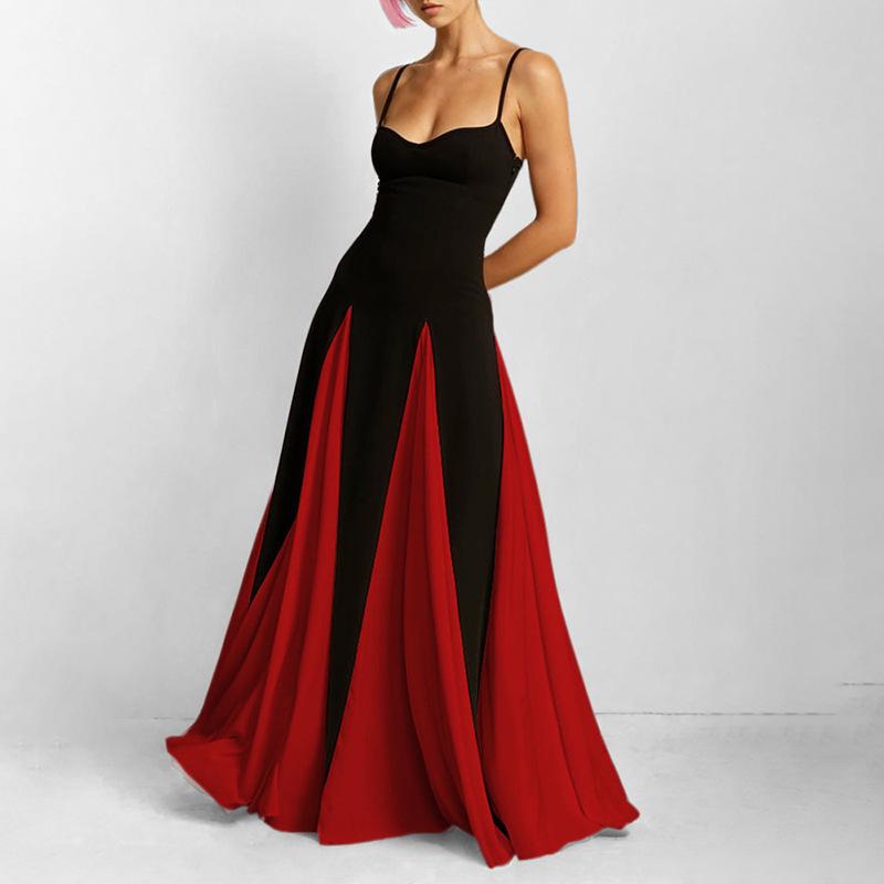 2025 Spring Women's Fashion Color Block Sling Dress with Loose Big Swing and Waist-Hugging Design