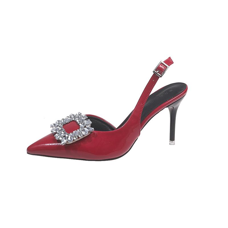 Fine Heel Sandals Summer New Pointed Head Shallow Mouth Crystal Buckle Anti-slip Wear-resistant High Heel Shoes