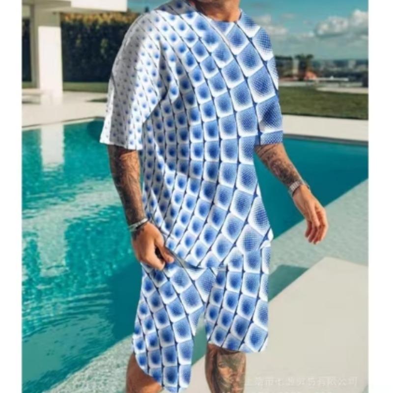 Men's Casual Shorts Set Multi-color 3D Digital Print Leopard Men's Casual Short Sleeve Top + Beach Pants