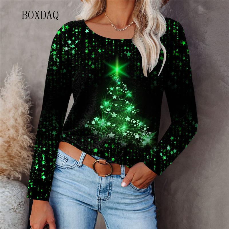 Shiny Christmas Tree Pattern Women 3d T-shirts Long Sleeve Five-pointed Star Print Street Hip Hop LadY Festival Tee 6XL
