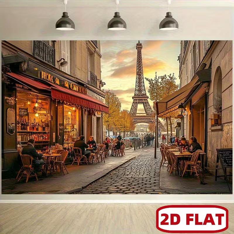 Pariser Straßencafé Wandteppich, Eiffelturm Hintergrundtuch, Heimdekoration