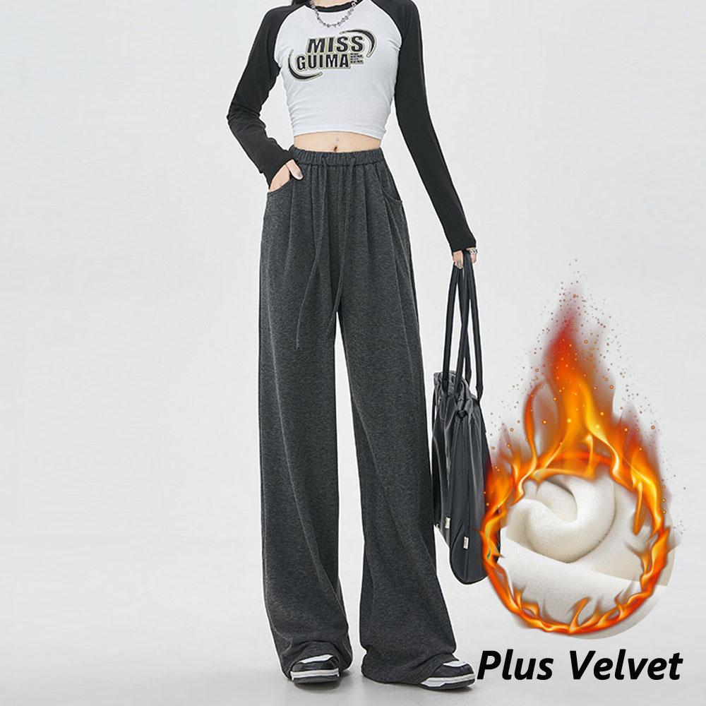 Dames Winter Herfst Kleding Plus Fluweel Dikke Broek Hoge Taille Casual Wijde Pijpen Broek Voor Vrouwen Streetwear Mode Kleding
