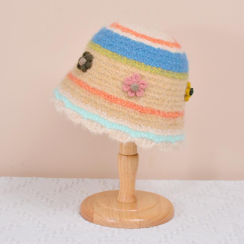 Japanese Hollow Knitted Basin Hat Autumn and Winter Sweet Dopamine Wool Hat Women's Colored Flower Bucket Hat