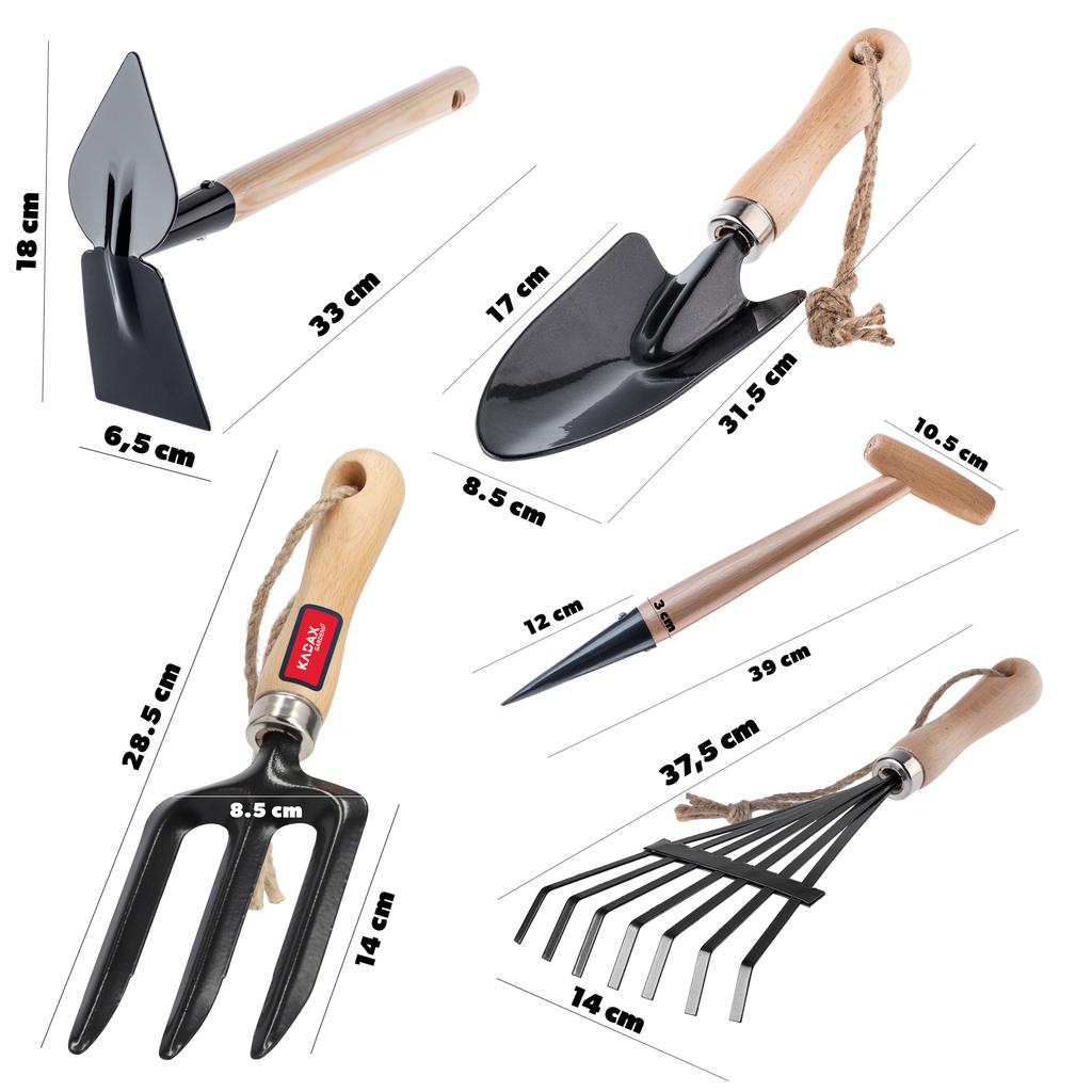 KADAX 5-in-1 Garden Tool Set Trowel Rake Hoe Claws Dibber
