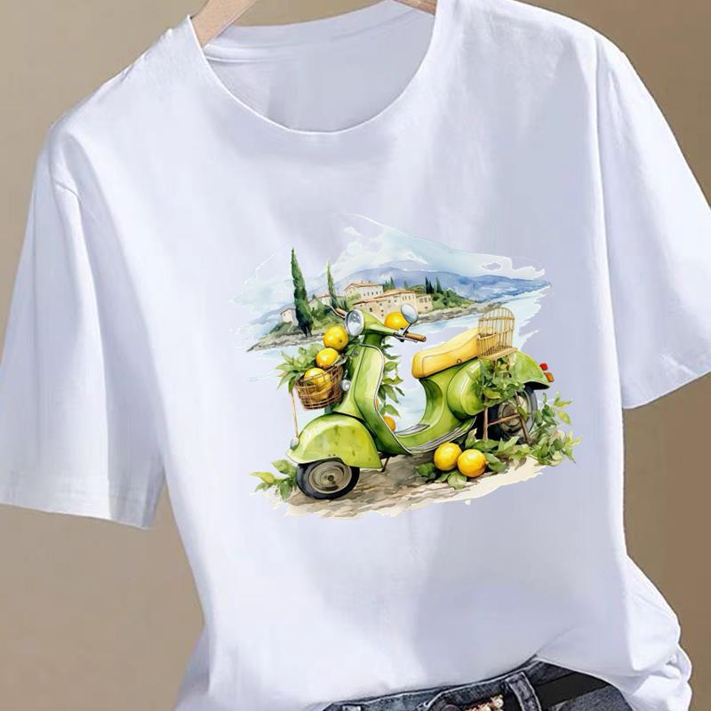 (Asian Size) Sweet Watercolor Trend Women Fashion Print Female Clothing T Shirt Tee Top Woman Short Sleeve Graphic T-shirts