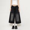 Harajuku Vintage High Waist Black Retro Washed Denim Shorts Women's Fashion Casual Loose Fit Y2K Streetwear Mid Long Short
