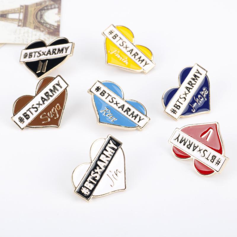 BTS - Heart-shaped Brooches, Retro Personalized BTS Member Name Brooches, "ARMY" Fan DIY Badges