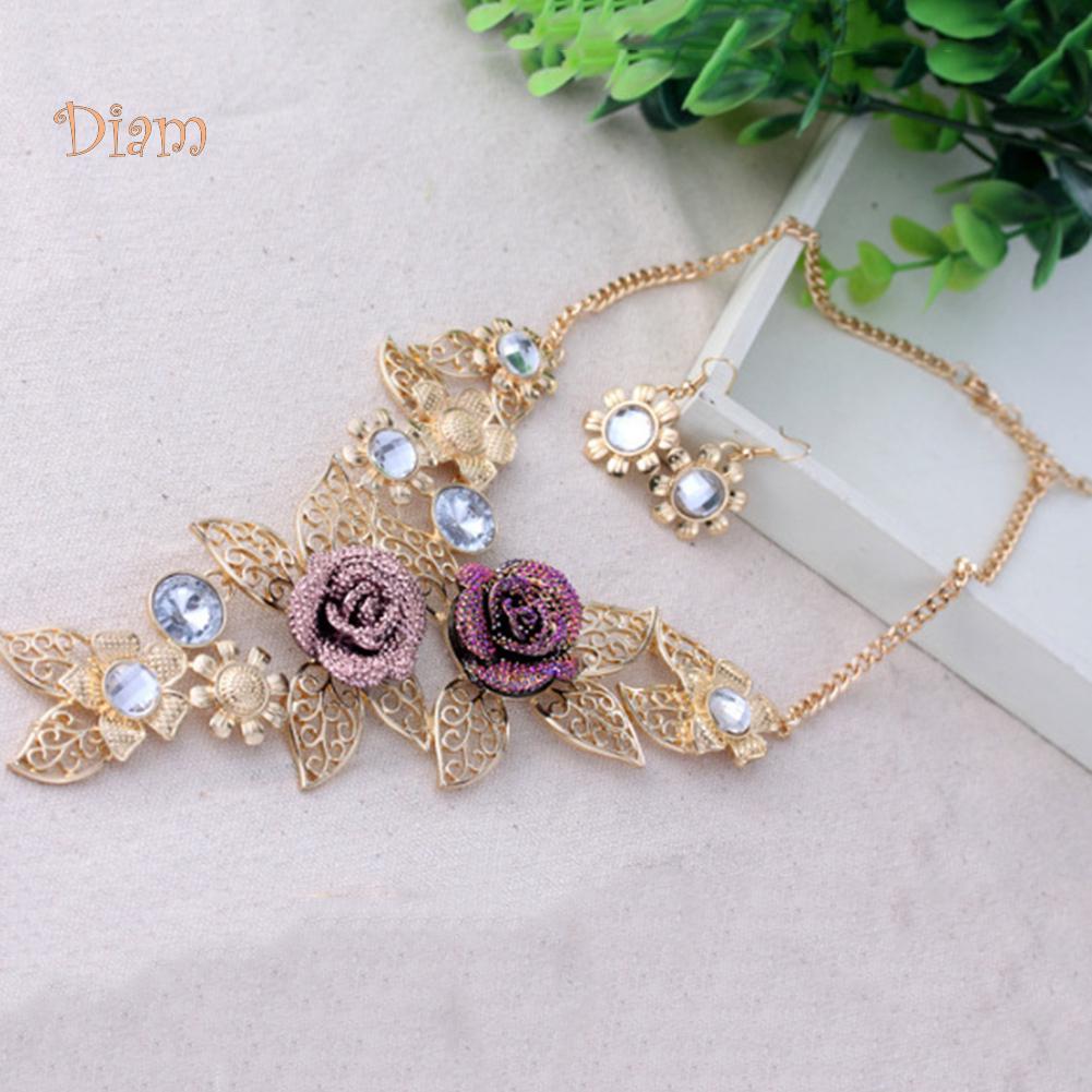 Bijoux diamantés pour femmes, ensemble de boucles d'oreilles et collier en pierre de cristal incrustée de feuilles creuses et de fleurs