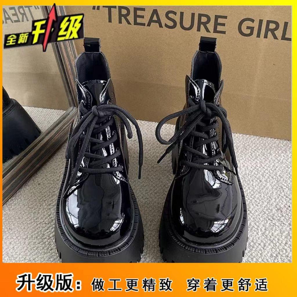 Black patent leather Martin boots women's 2025 autumn new British style thick-soled heightened popular locomotive boots retro short boots