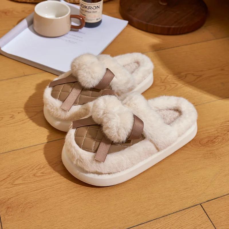 Women Winter Warm Short Plush Home Slippers Female Soft Thick Bottom Home Slippers Woman Non Slip Flat Heel Indoor Cotton Slides