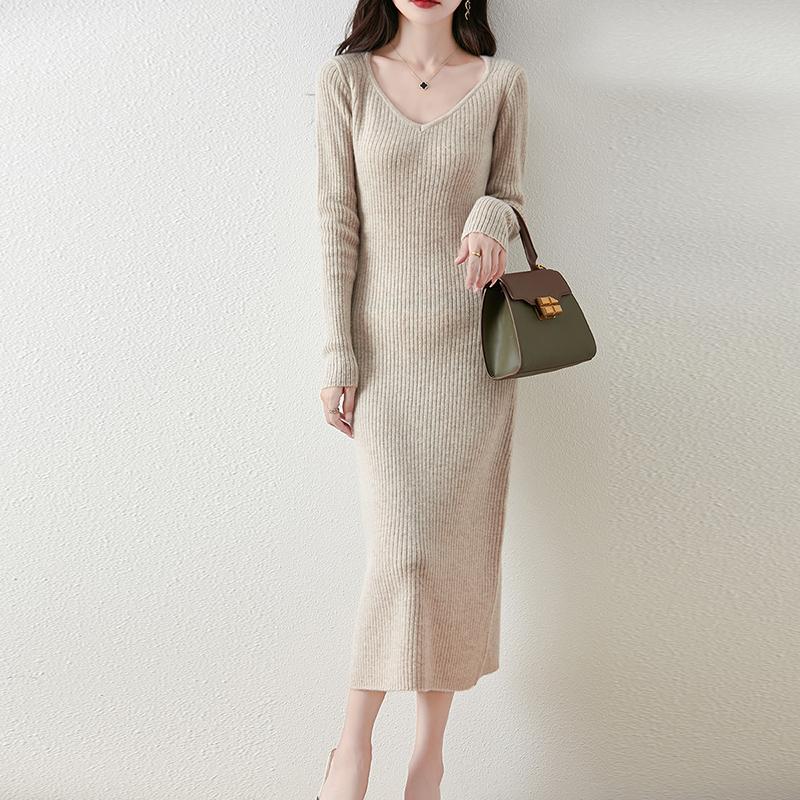 Women Sweater Dress 100% Wool MODERN NEW SAGA V-neck Knit Long Pullover Winter Jumpers Wool Long Dress Female