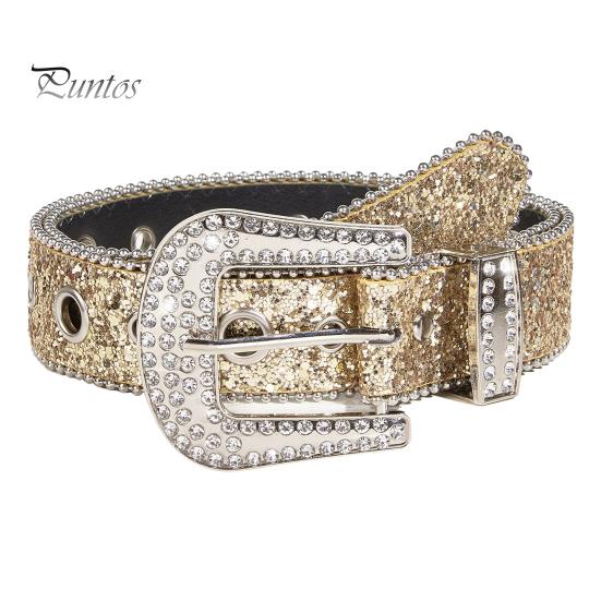 Women Jeans Belt Shiny Rhinestones Multi Holes Adjustable Length Waistband with Sparkling Buckle Wide Alloy Belt