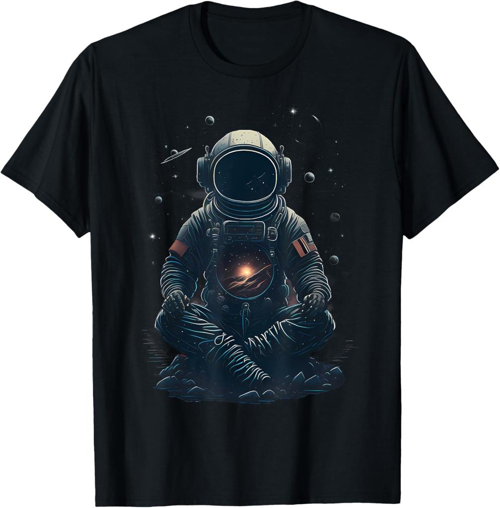 Meditating Astronaut Galaxy Print Casual Cotton Short Sleeve Graphic Tee for Men