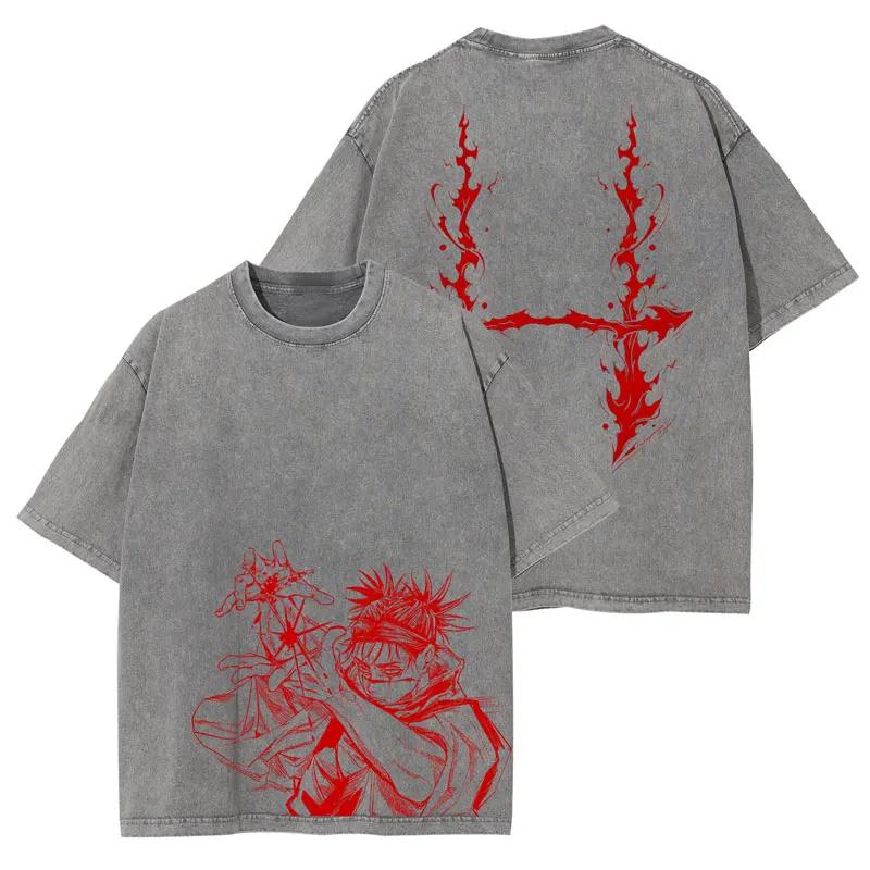 Japanese Anime 100% Cotton T-shirt Anime J-Jujutsu K-Kaisen Vintage Wash T-shirt Loose Plus Size Short Sleeve T-shirt