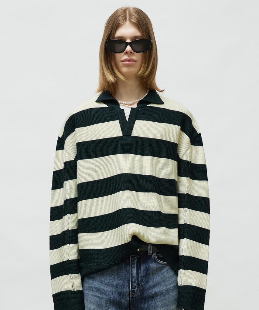 LMOOD Preppy Striped Pullover Knit Deep Green