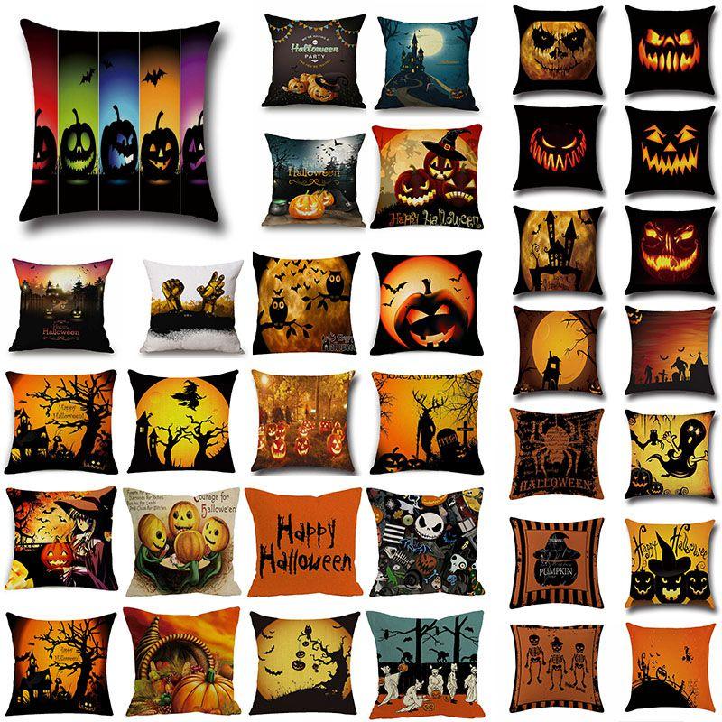 Halloween Witch Castle Linen Throw Pillow Case With Invisible Zipper And Pumpkin Pattern