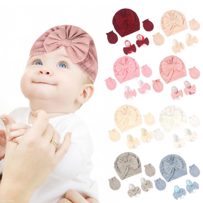 Baby Turban Hat Hospital Nursery Hat with Gloves & Feet Bowknot Newborns Soft Bonnet Caps Set for Baby 0-3 Month