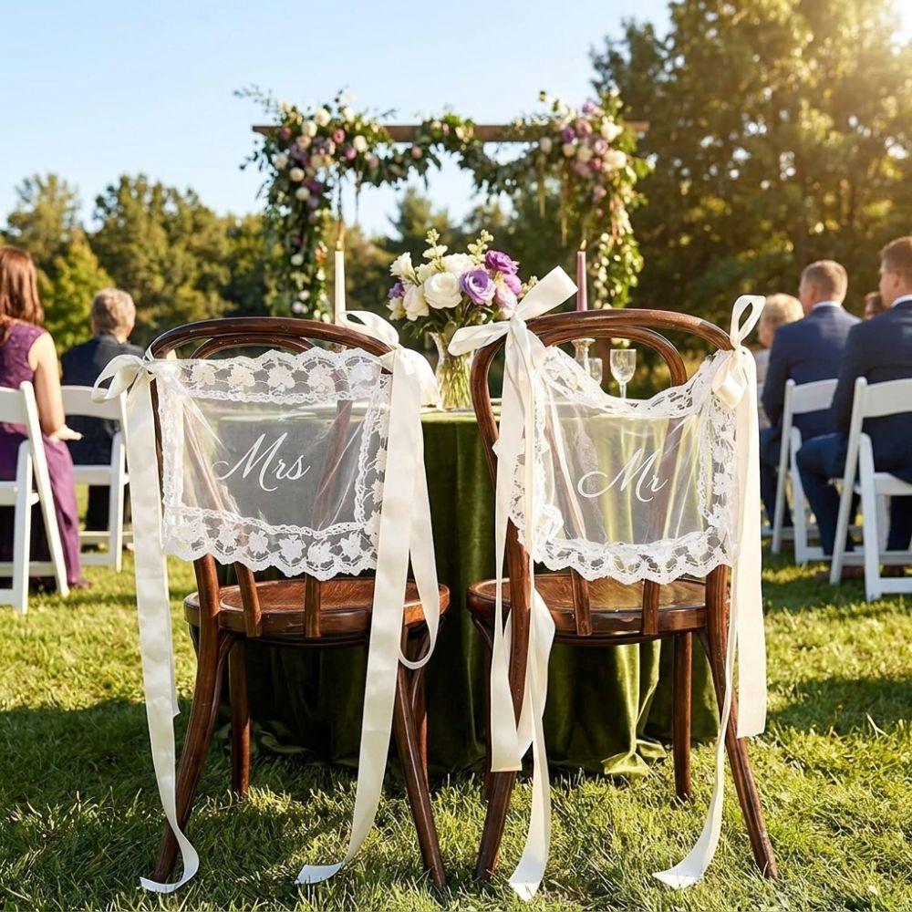 2PCS French Romantic Wedding Chair Back Lace Cover Creative Strap Chair Cover Chair Decor