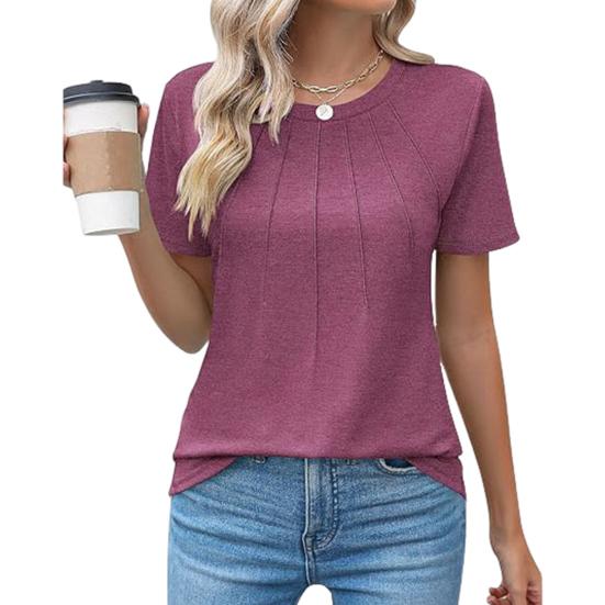 Summer Women Top Round Neck Short Sleeves Pure Color Pleated Loose-fit T-shirt Casual Daily Blouse for Commuting Travel Sport