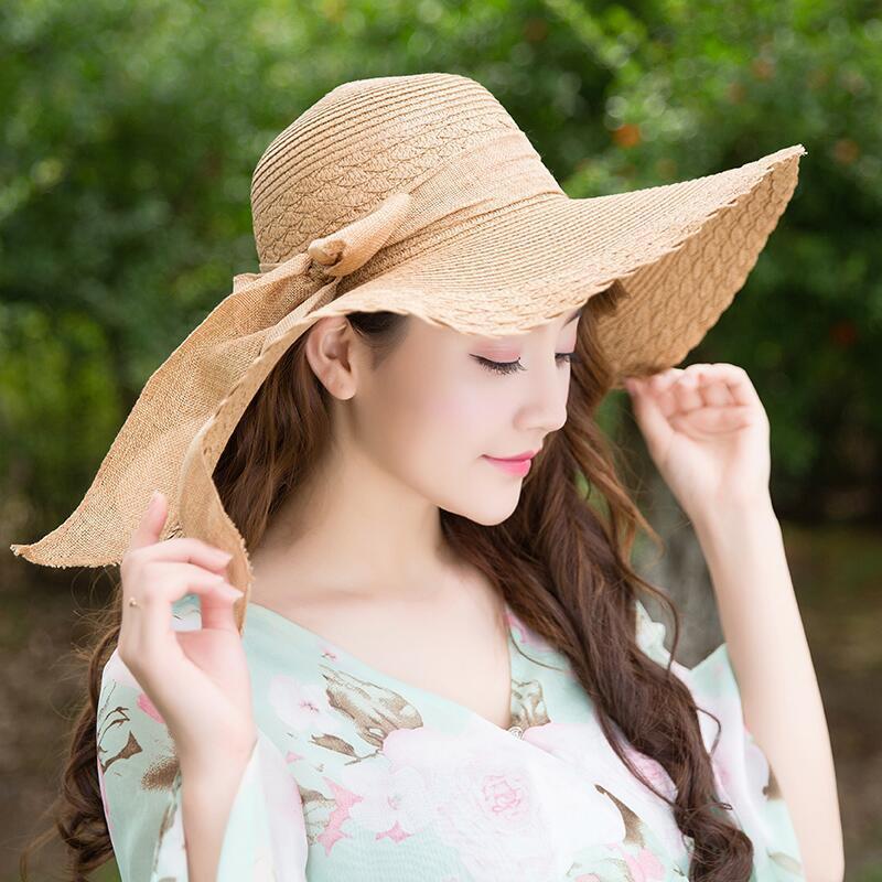 Summer Wide Brim Straw Hat With Butterfly Knot For Women Outdoor Sun Protection