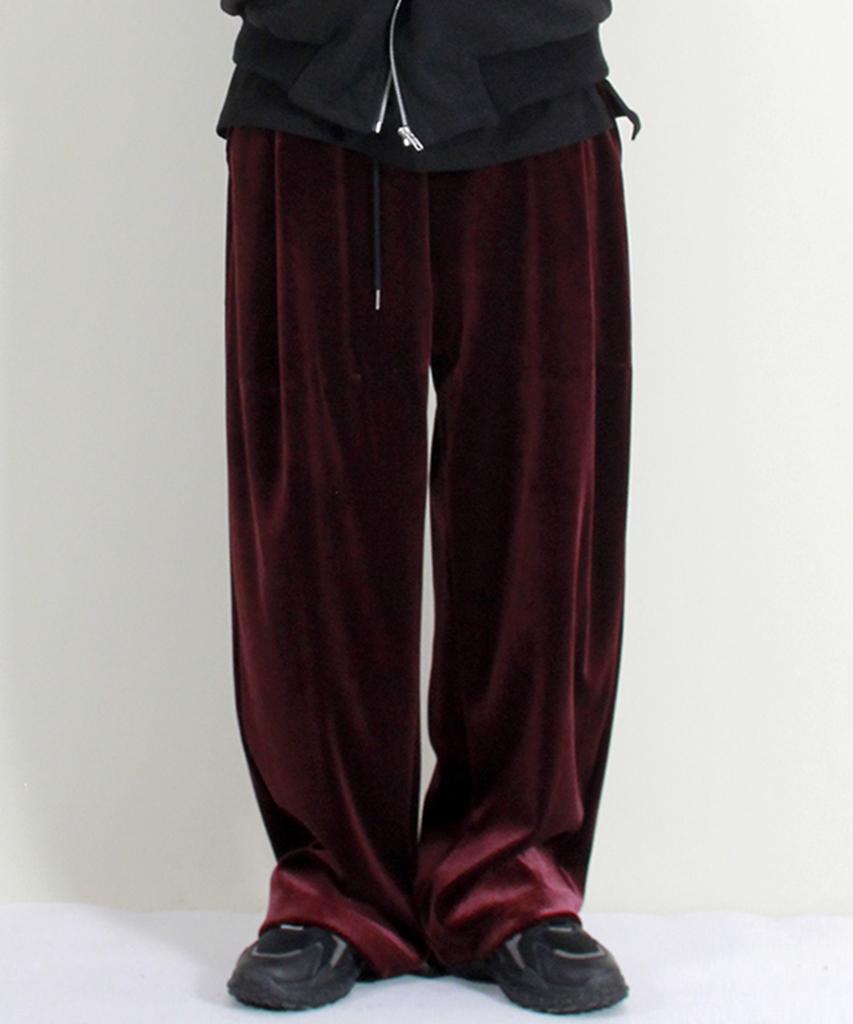 Deumakeu Velvet Laminated Single-Pleat Real Wide Pants Burgundy