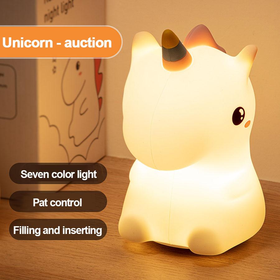 Cute Unicorn Silicone Night Light USB Rechargeable Cartoon Sleeping Lamp Touch Sensor Beside Lamp for Kids Gifts
