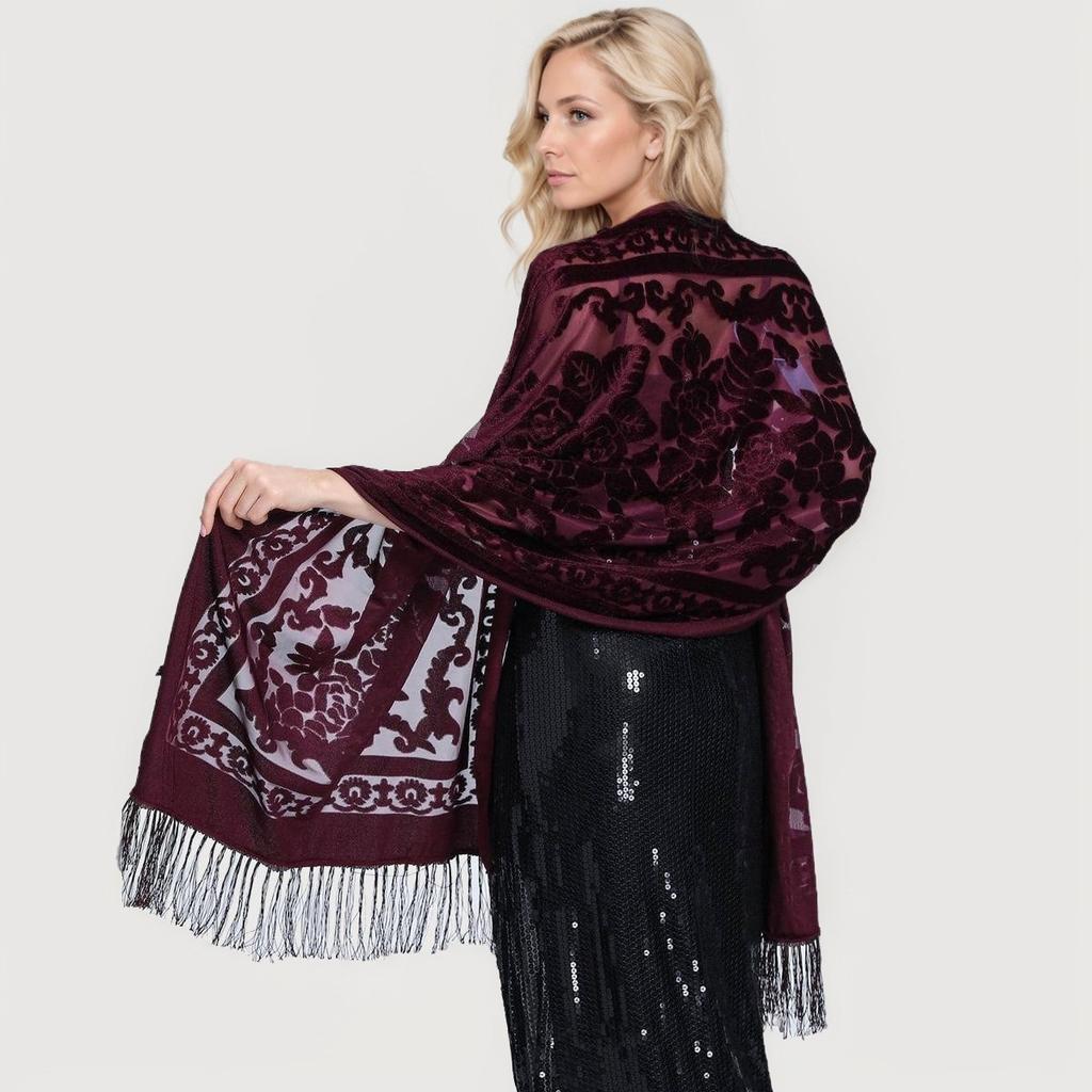 Nouveau Style National Élégant Châle Cheongsam en Velours Écharpe Polyvalente à Longes Franges Châle Chaud pour Climatisation