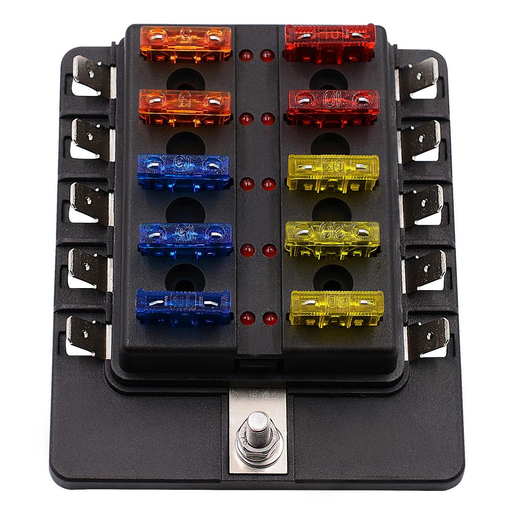 PC Terminal Block Type, 1 In 10 Out Fuse Boxes for Cars, RVs, and Ships, with LED Lights, 12-32V